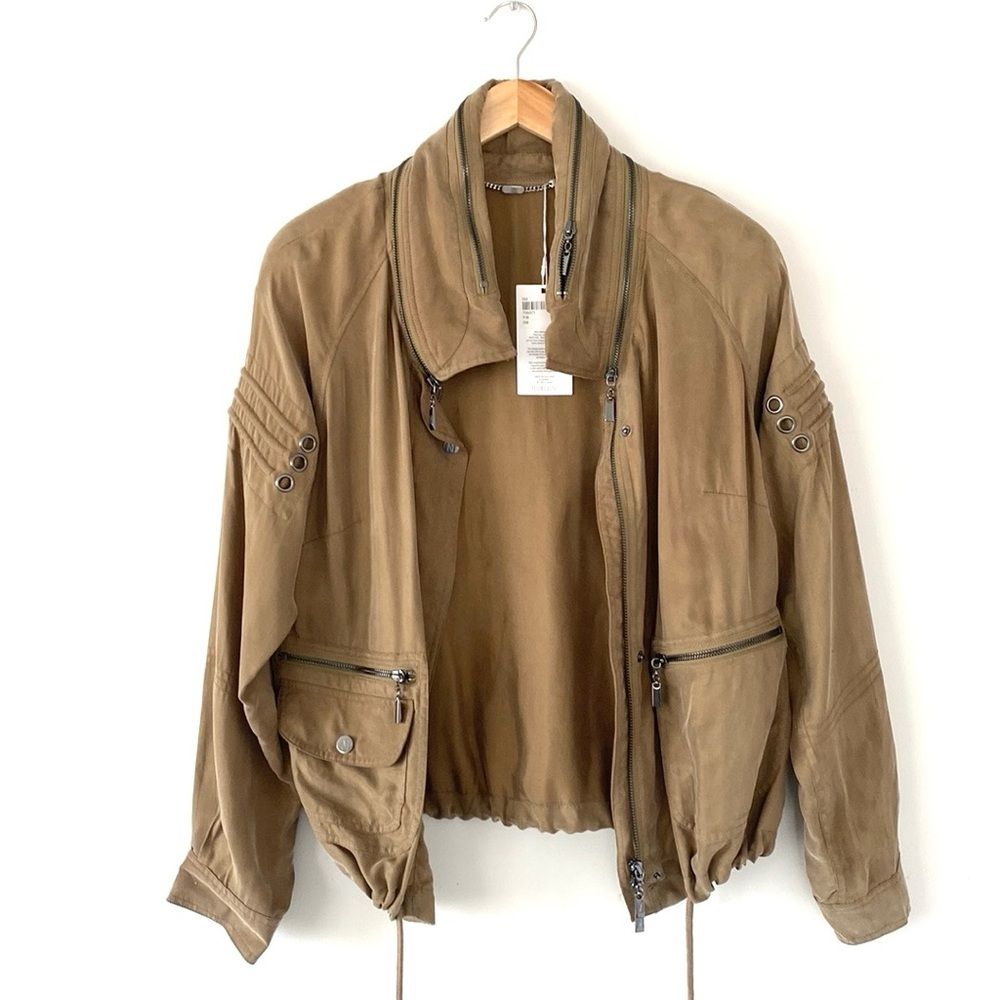 Madeleine Khaki Military Bomber Jacket Sz 10 Lightweight Minimal Chic